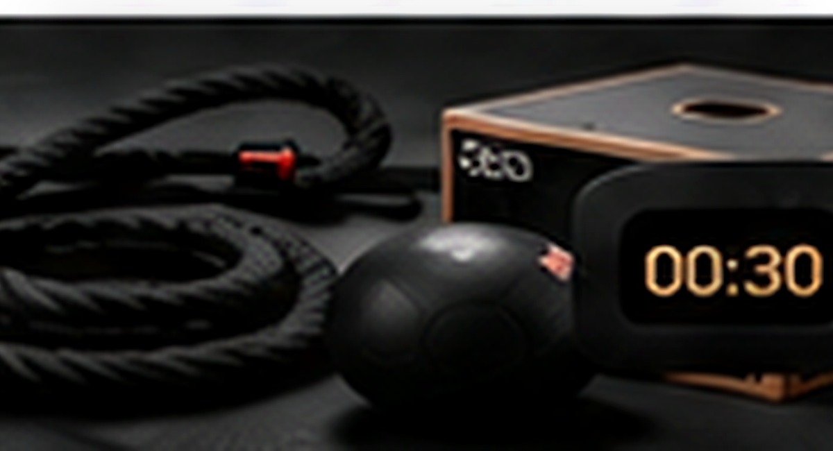 Battle ropes, medicine ball, timer and plyometric box used in Express HIIT