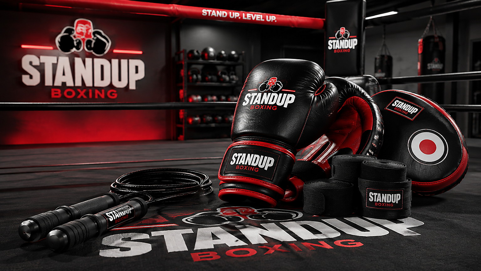 Stand Up Boxing branded gloves, focus pads, wraps and skipping rope inside a boxing ring