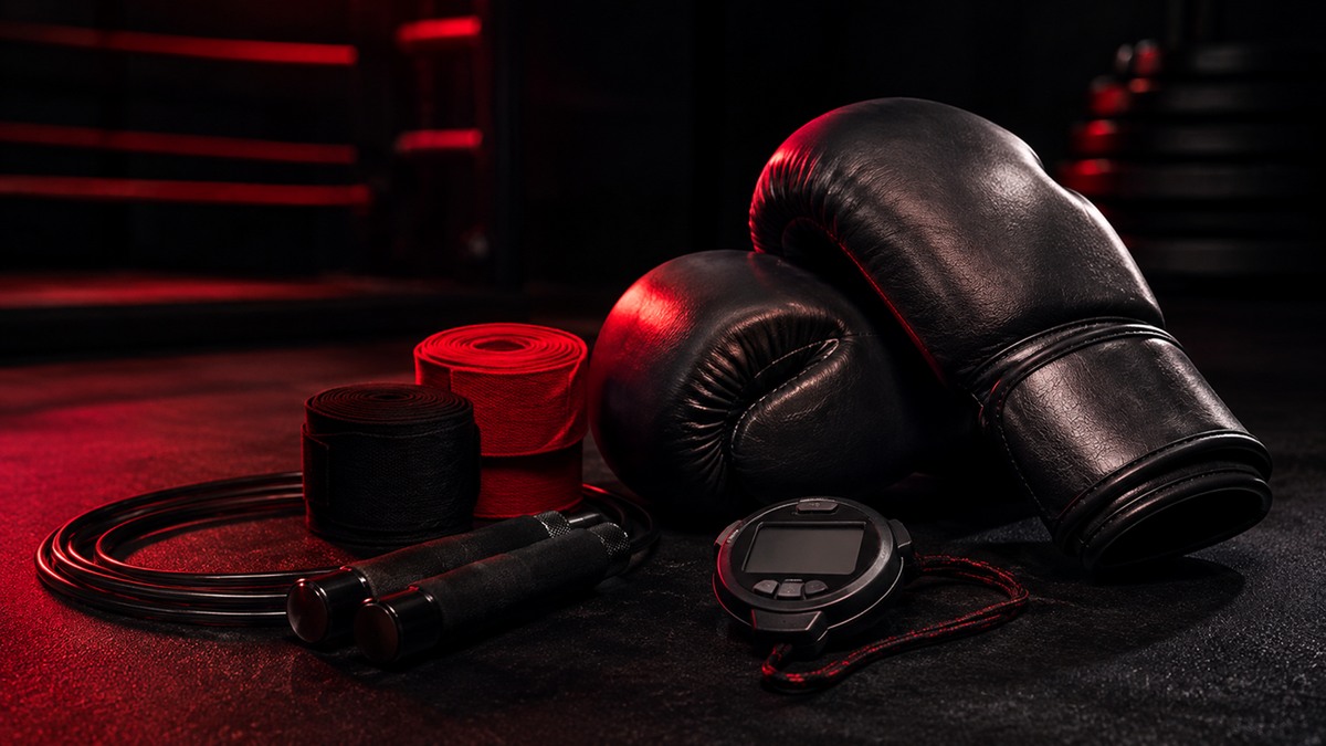 Black boxing gloves displayed with wraps, skipping rope and interval timer
