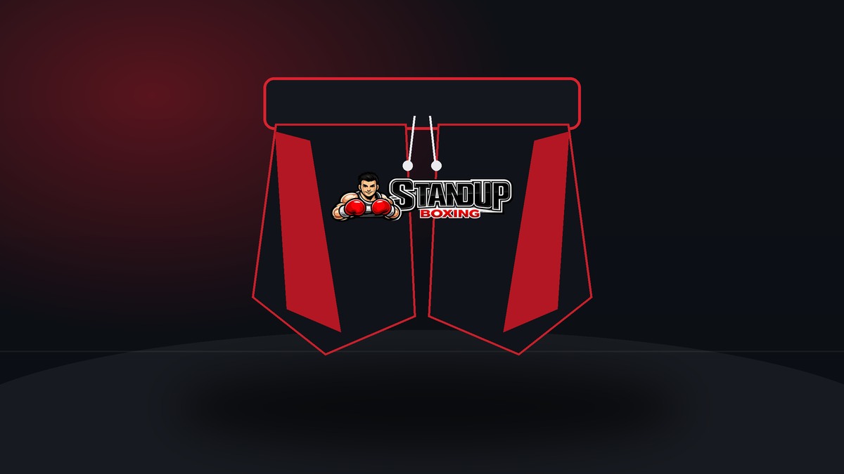 Black and red Stand Up Boxing shorts displayed without a model