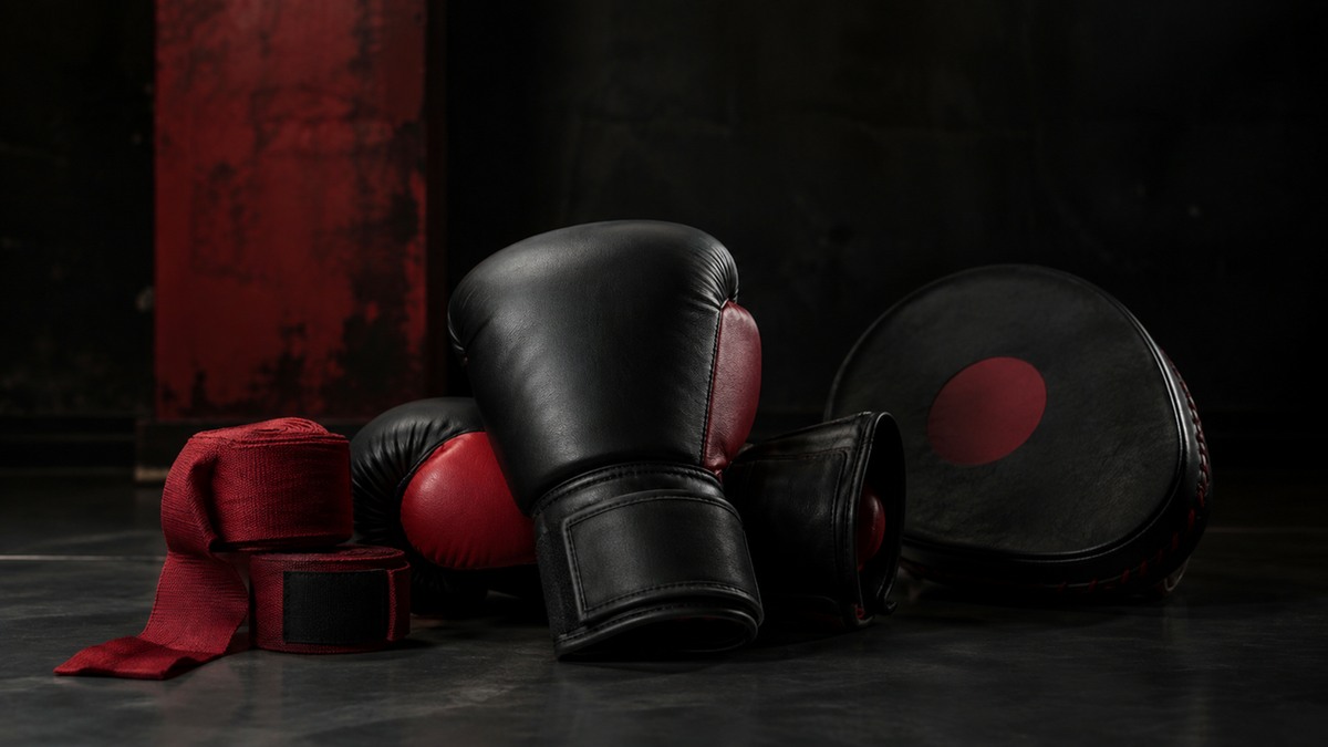 Red and black boxing hand wraps displayed with boxing training equipment